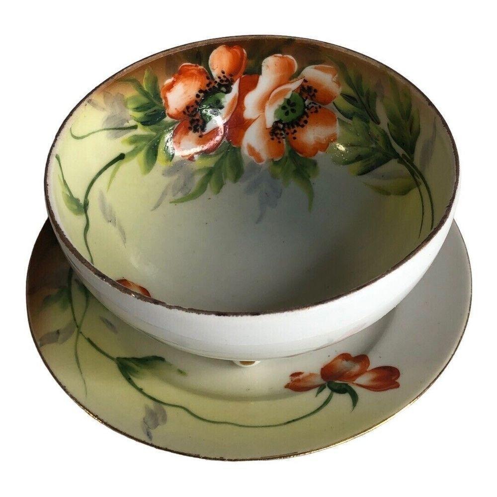 Chikaramachi Hand Painted Porcelain Bowl Saucer Set‎ Orange Poppy Floral Japan